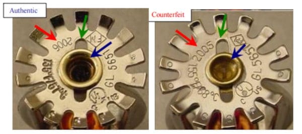 Counterfeit fire sprinkler vs real sprinkler