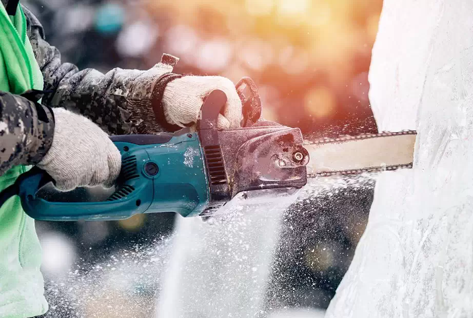 Using chainsaw on ice