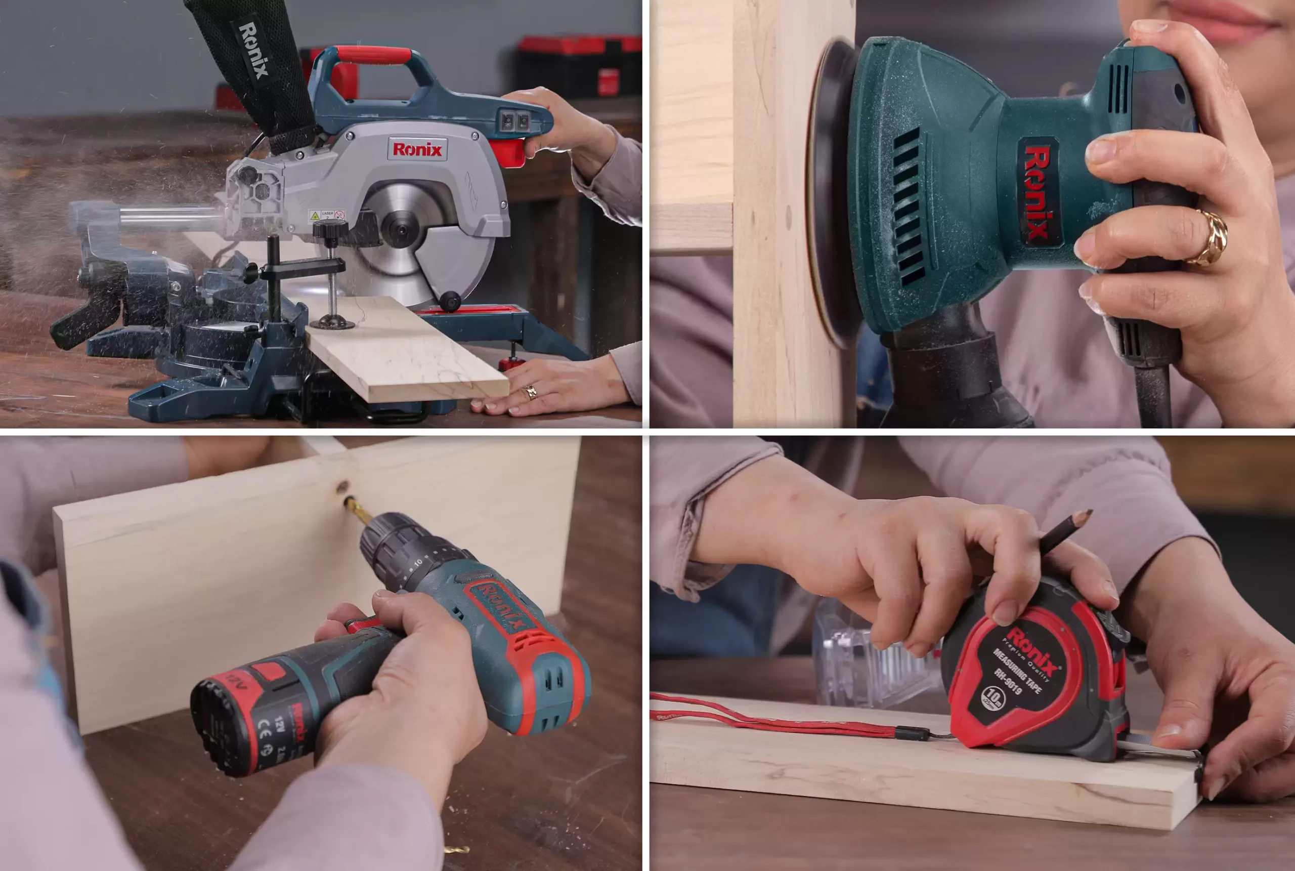 A collage of using a Ronix saw, drill, sander and tape measure in making a DIY wooden shelf